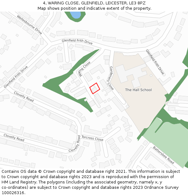 4, WARING CLOSE, GLENFIELD, LEICESTER, LE3 8PZ: Location map and indicative extent of plot