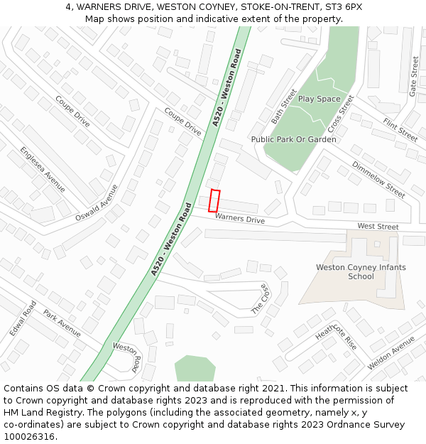 4, WARNERS DRIVE, WESTON COYNEY, STOKE-ON-TRENT, ST3 6PX: Location map and indicative extent of plot