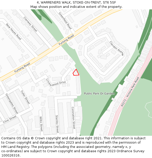 4, WARRENERS WALK, STOKE-ON-TRENT, ST6 5SF: Location map and indicative extent of plot