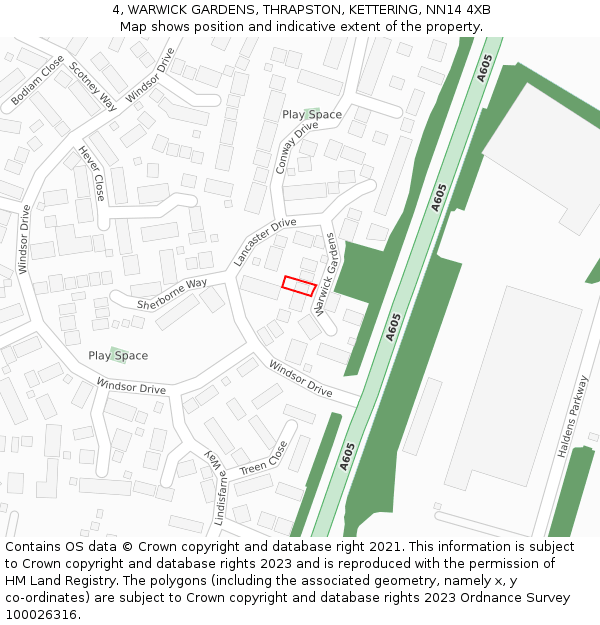 4, WARWICK GARDENS, THRAPSTON, KETTERING, NN14 4XB: Location map and indicative extent of plot