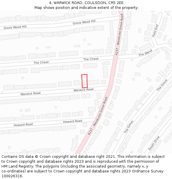 4, WARWICK ROAD, COULSDON, CR5 2EE: Location map and indicative extent of plot