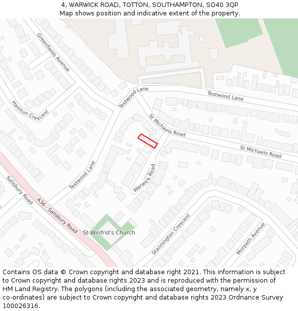 4, WARWICK ROAD, TOTTON, SOUTHAMPTON, SO40 3QP: Location map and indicative extent of plot