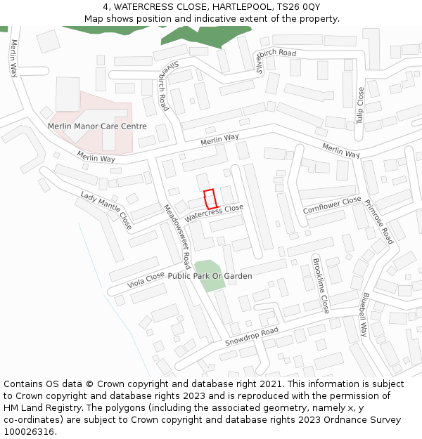 4, WATERCRESS CLOSE, HARTLEPOOL, TS26 0QY: Location map and indicative extent of plot