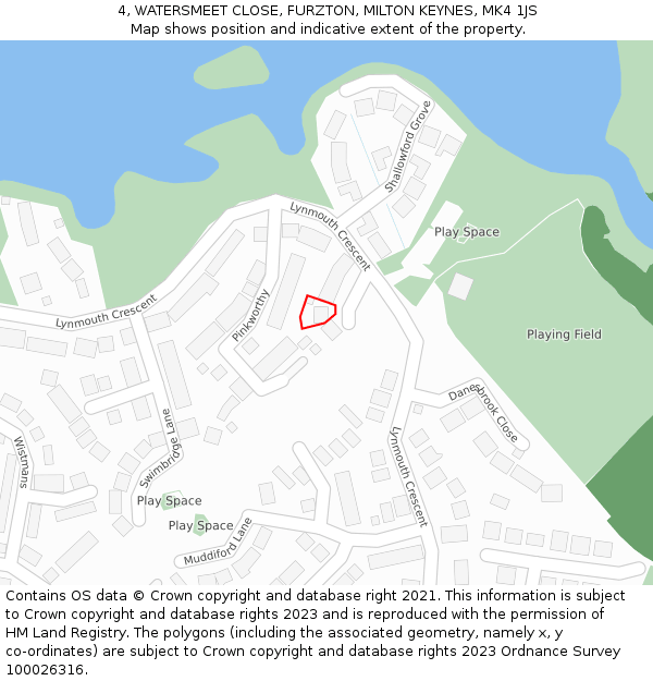 4, WATERSMEET CLOSE, FURZTON, MILTON KEYNES, MK4 1JS: Location map and indicative extent of plot