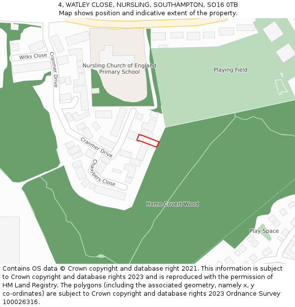 4, WATLEY CLOSE, NURSLING, SOUTHAMPTON, SO16 0TB: Location map and indicative extent of plot