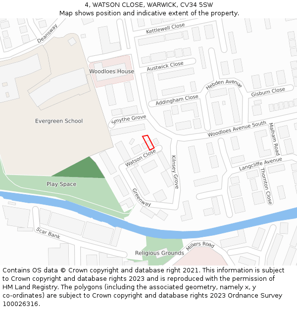 4, WATSON CLOSE, WARWICK, CV34 5SW: Location map and indicative extent of plot