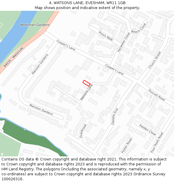 4, WATSONS LANE, EVESHAM, WR11 1GB: Location map and indicative extent of plot