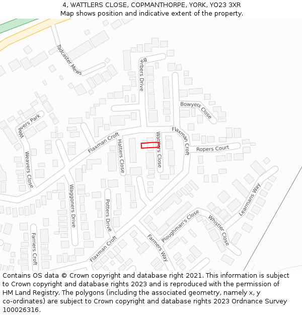 4, WATTLERS CLOSE, COPMANTHORPE, YORK, YO23 3XR: Location map and indicative extent of plot