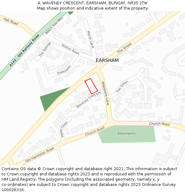 4, WAVENEY CRESCENT, EARSHAM, BUNGAY, NR35 2TW: Location map and indicative extent of plot