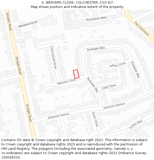 4, WEAVERS CLOSE, COLCHESTER, CO3 4LT: Location map and indicative extent of plot