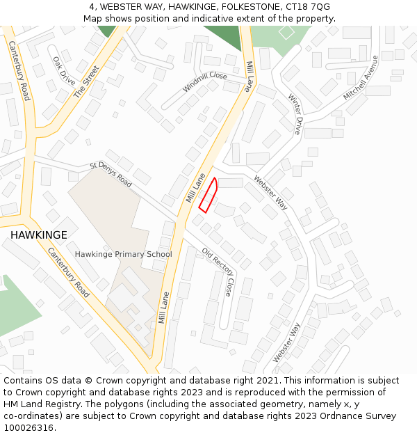 4, WEBSTER WAY, HAWKINGE, FOLKESTONE, CT18 7QG: Location map and indicative extent of plot