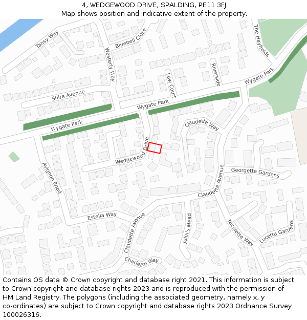 4, WEDGEWOOD DRIVE, SPALDING, PE11 3FJ: Location map and indicative extent of plot