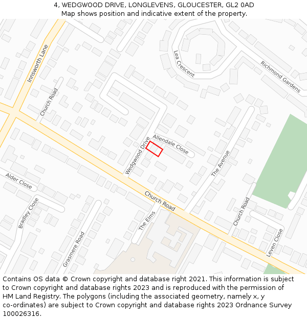 4, WEDGWOOD DRIVE, LONGLEVENS, GLOUCESTER, GL2 0AD: Location map and indicative extent of plot