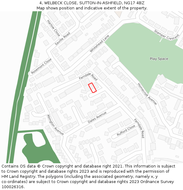 4, WELBECK CLOSE, SUTTON-IN-ASHFIELD, NG17 4BZ: Location map and indicative extent of plot