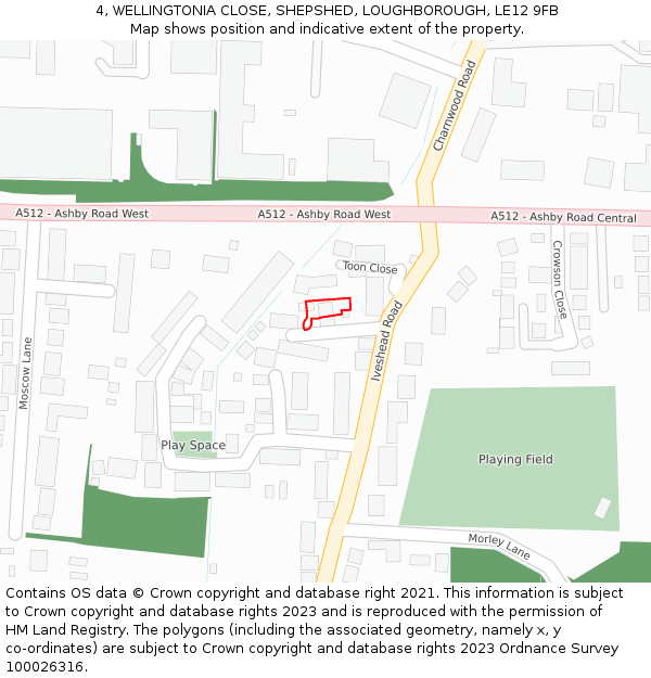 4, WELLINGTONIA CLOSE, SHEPSHED, LOUGHBOROUGH, LE12 9FB: Location map and indicative extent of plot