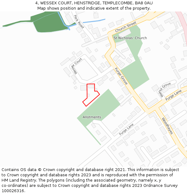 4, WESSEX COURT, HENSTRIDGE, TEMPLECOMBE, BA8 0AU: Location map and indicative extent of plot