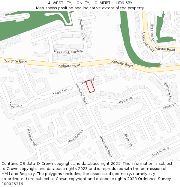 4, WEST LEY, HONLEY, HOLMFIRTH, HD9 6RY: Location map and indicative extent of plot