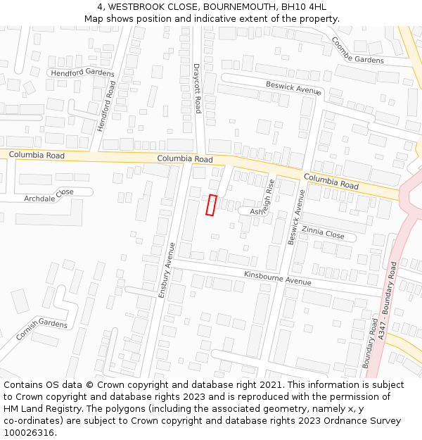 4, WESTBROOK CLOSE, BOURNEMOUTH, BH10 4HL: Location map and indicative extent of plot