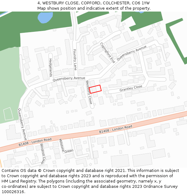 4, WESTBURY CLOSE, COPFORD, COLCHESTER, CO6 1YW: Location map and indicative extent of plot