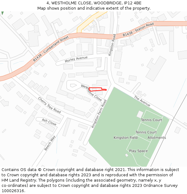 4, WESTHOLME CLOSE, WOODBRIDGE, IP12 4BE: Location map and indicative extent of plot