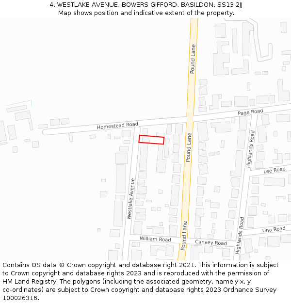 4, WESTLAKE AVENUE, BOWERS GIFFORD, BASILDON, SS13 2JJ: Location map and indicative extent of plot