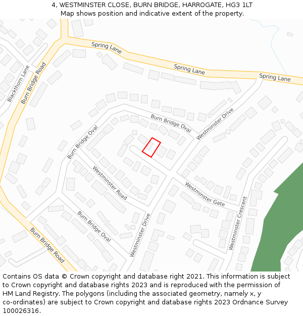 4, WESTMINSTER CLOSE, BURN BRIDGE, HARROGATE, HG3 1LT: Location map and indicative extent of plot