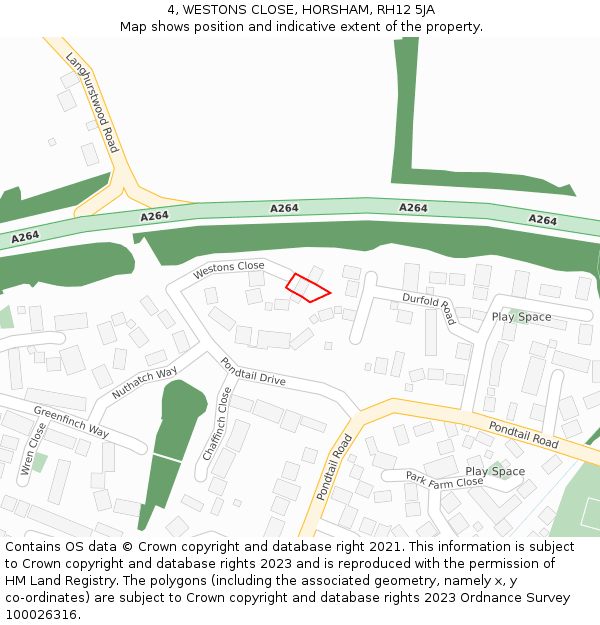 4, WESTONS CLOSE, HORSHAM, RH12 5JA: Location map and indicative extent of plot