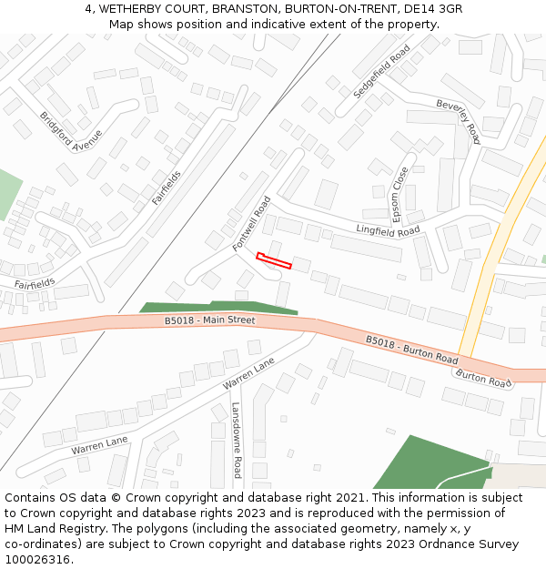 4, WETHERBY COURT, BRANSTON, BURTON-ON-TRENT, DE14 3GR: Location map and indicative extent of plot