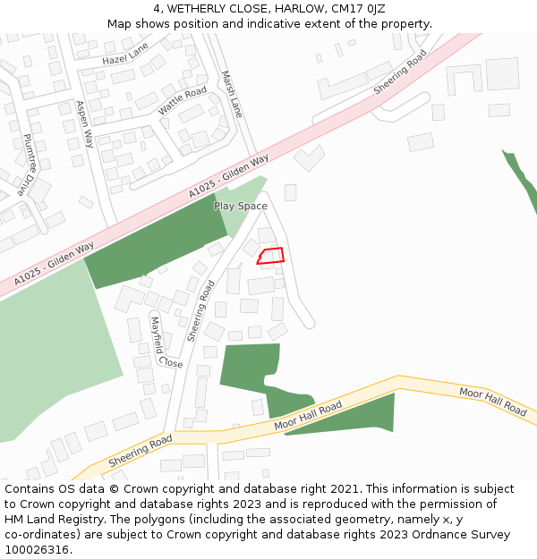 4, WETHERLY CLOSE, HARLOW, CM17 0JZ: Location map and indicative extent of plot