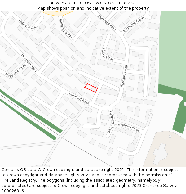 4, WEYMOUTH CLOSE, WIGSTON, LE18 2RU: Location map and indicative extent of plot