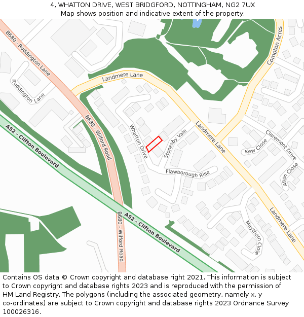 4, WHATTON DRIVE, WEST BRIDGFORD, NOTTINGHAM, NG2 7UX: Location map and indicative extent of plot