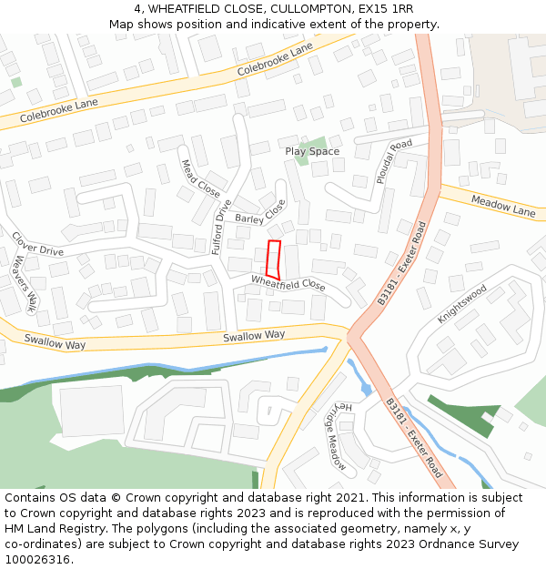 4, WHEATFIELD CLOSE, CULLOMPTON, EX15 1RR: Location map and indicative extent of plot