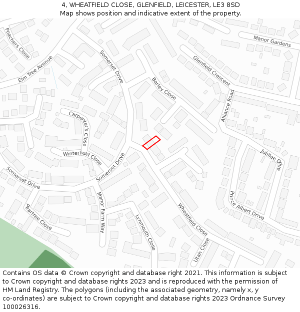 4, WHEATFIELD CLOSE, GLENFIELD, LEICESTER, LE3 8SD: Location map and indicative extent of plot