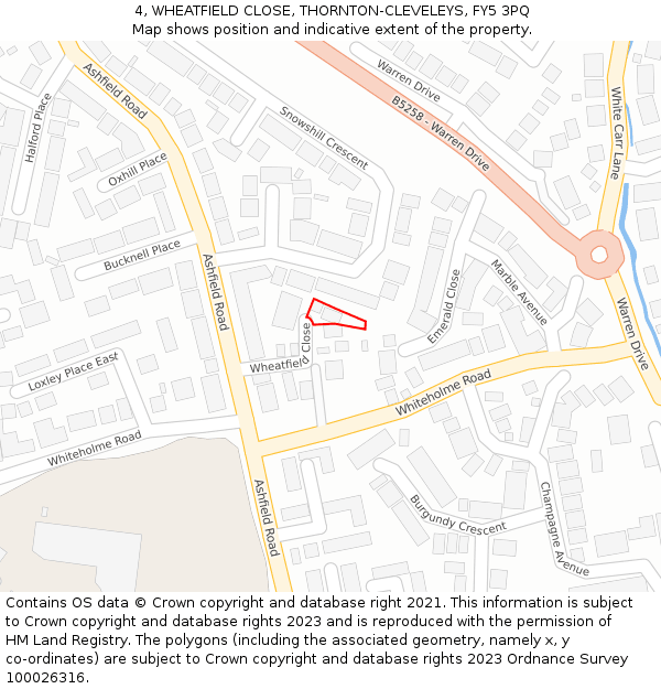 4, WHEATFIELD CLOSE, THORNTON-CLEVELEYS, FY5 3PQ: Location map and indicative extent of plot