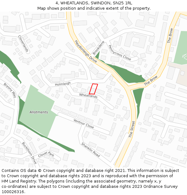 4, WHEATLANDS, SWINDON, SN25 1RL: Location map and indicative extent of plot