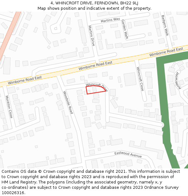 4, WHINCROFT DRIVE, FERNDOWN, BH22 9LJ: Location map and indicative extent of plot