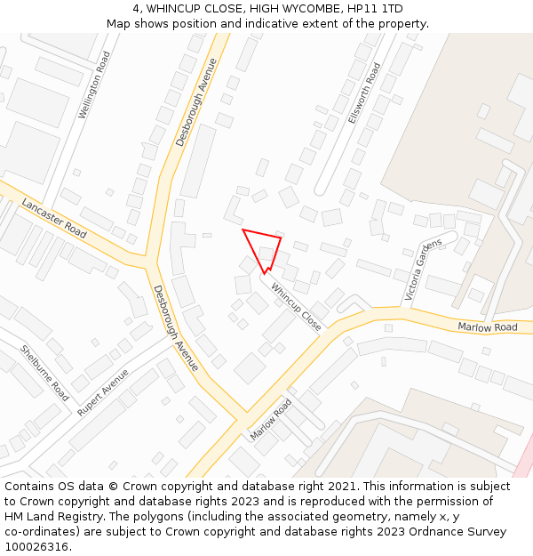 4, WHINCUP CLOSE, HIGH WYCOMBE, HP11 1TD: Location map and indicative extent of plot