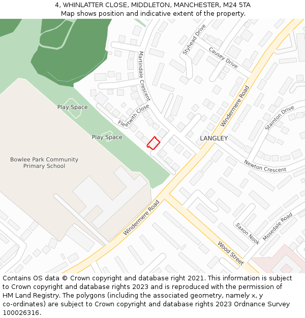 4, WHINLATTER CLOSE, MIDDLETON, MANCHESTER, M24 5TA: Location map and indicative extent of plot