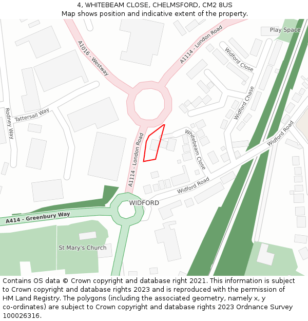 4, WHITEBEAM CLOSE, CHELMSFORD, CM2 8US: Location map and indicative extent of plot