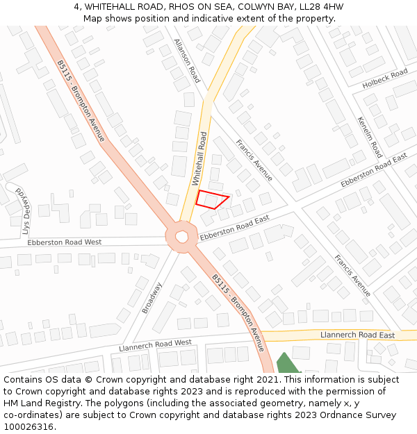 4, WHITEHALL ROAD, RHOS ON SEA, COLWYN BAY, LL28 4HW: Location map and indicative extent of plot