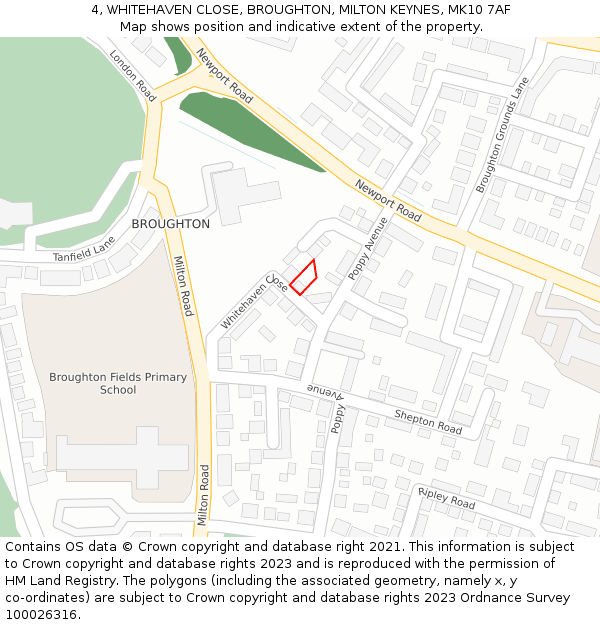 4, WHITEHAVEN CLOSE, BROUGHTON, MILTON KEYNES, MK10 7AF: Location map and indicative extent of plot