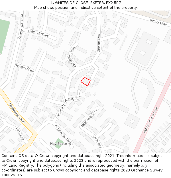 4, WHITESIDE CLOSE, EXETER, EX2 5PZ: Location map and indicative extent of plot