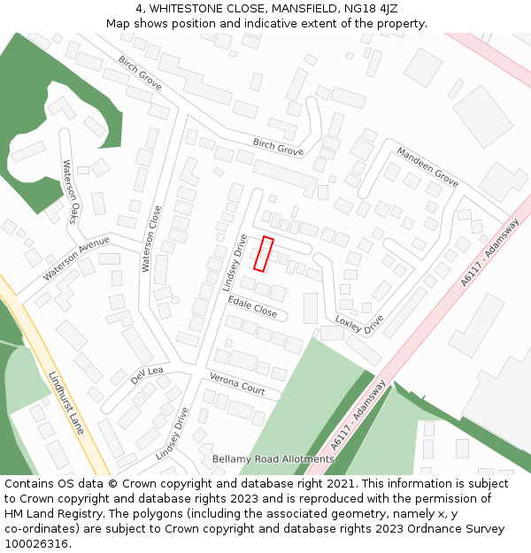 4, WHITESTONE CLOSE, MANSFIELD, NG18 4JZ: Location map and indicative extent of plot