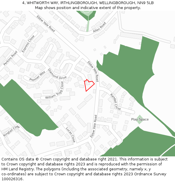 4, WHITWORTH WAY, IRTHLINGBOROUGH, WELLINGBOROUGH, NN9 5LB: Location map and indicative extent of plot