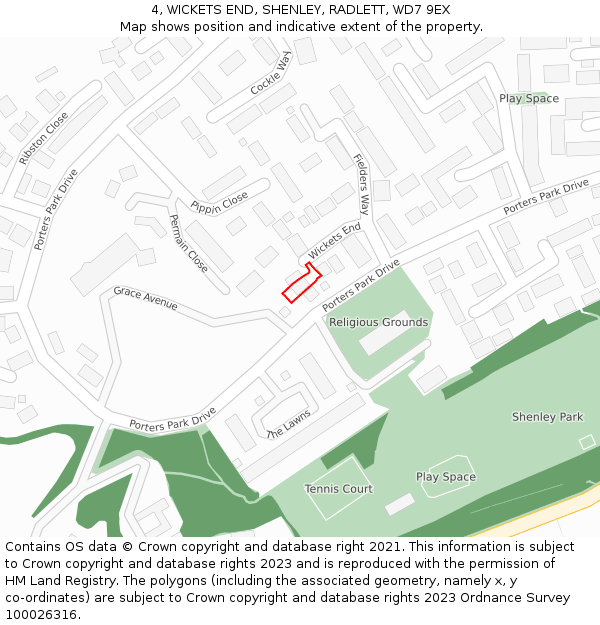 4, WICKETS END, SHENLEY, RADLETT, WD7 9EX: Location map and indicative extent of plot