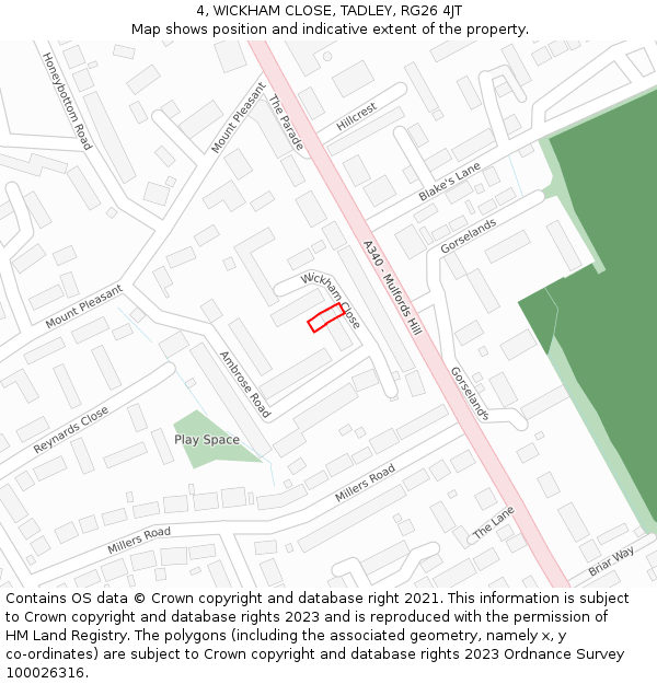 4, WICKHAM CLOSE, TADLEY, RG26 4JT: Location map and indicative extent of plot