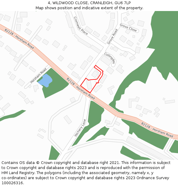 4, WILDWOOD CLOSE, CRANLEIGH, GU6 7LP: Location map and indicative extent of plot