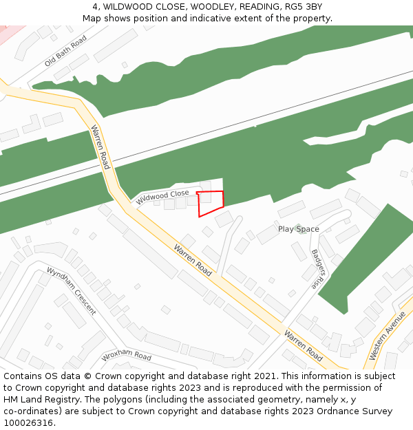 4, WILDWOOD CLOSE, WOODLEY, READING, RG5 3BY: Location map and indicative extent of plot