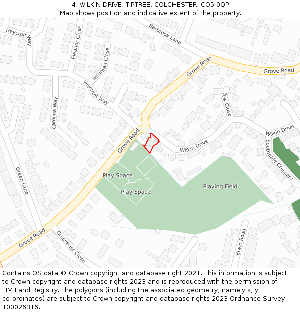 4, WILKIN DRIVE, TIPTREE, COLCHESTER, CO5 0QP: Location map and indicative extent of plot