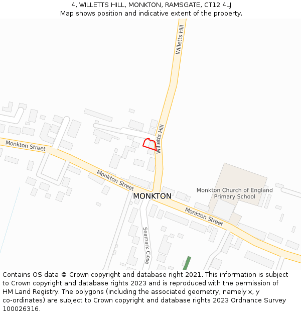 4, WILLETTS HILL, MONKTON, RAMSGATE, CT12 4LJ: Location map and indicative extent of plot